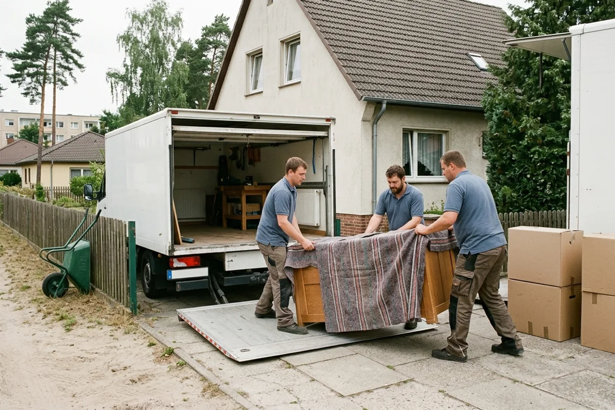 Drei Helfer schieben einen verpackten Schrank über die Ladebordwand eines weißen Kofferfahrzeugs