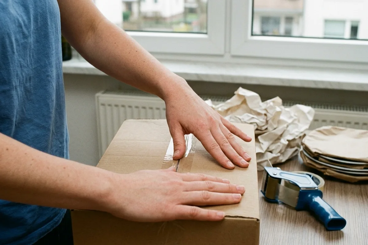 Hände drücken einen Klebestreifen auf die Naht eines Kartons, daneben Packpapier und Teller