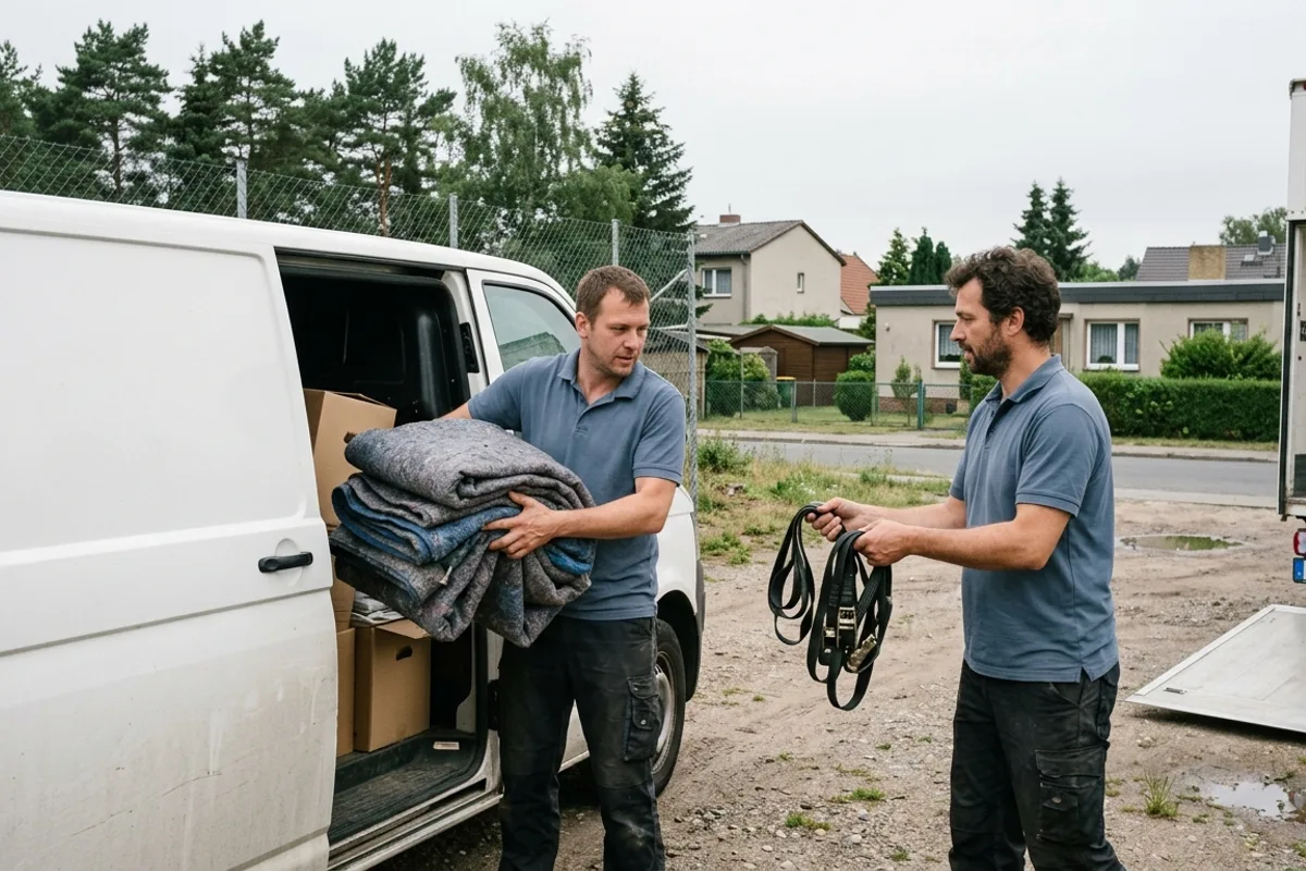 Packdecken und Spanngurte werden an der Seitentür eines weißen Transporters bereitgelegt