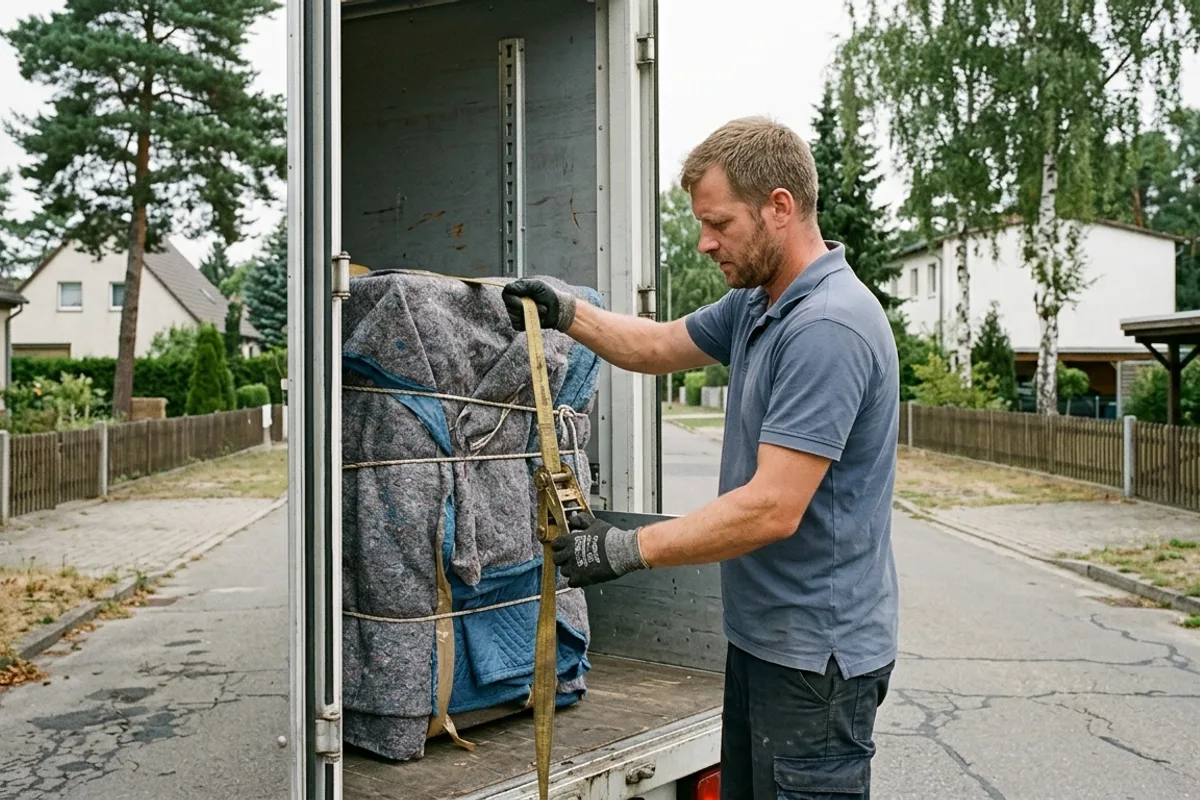 Packer zurrt mit der Ratsche einen Spanngurt über die eingepackte Ladung fest