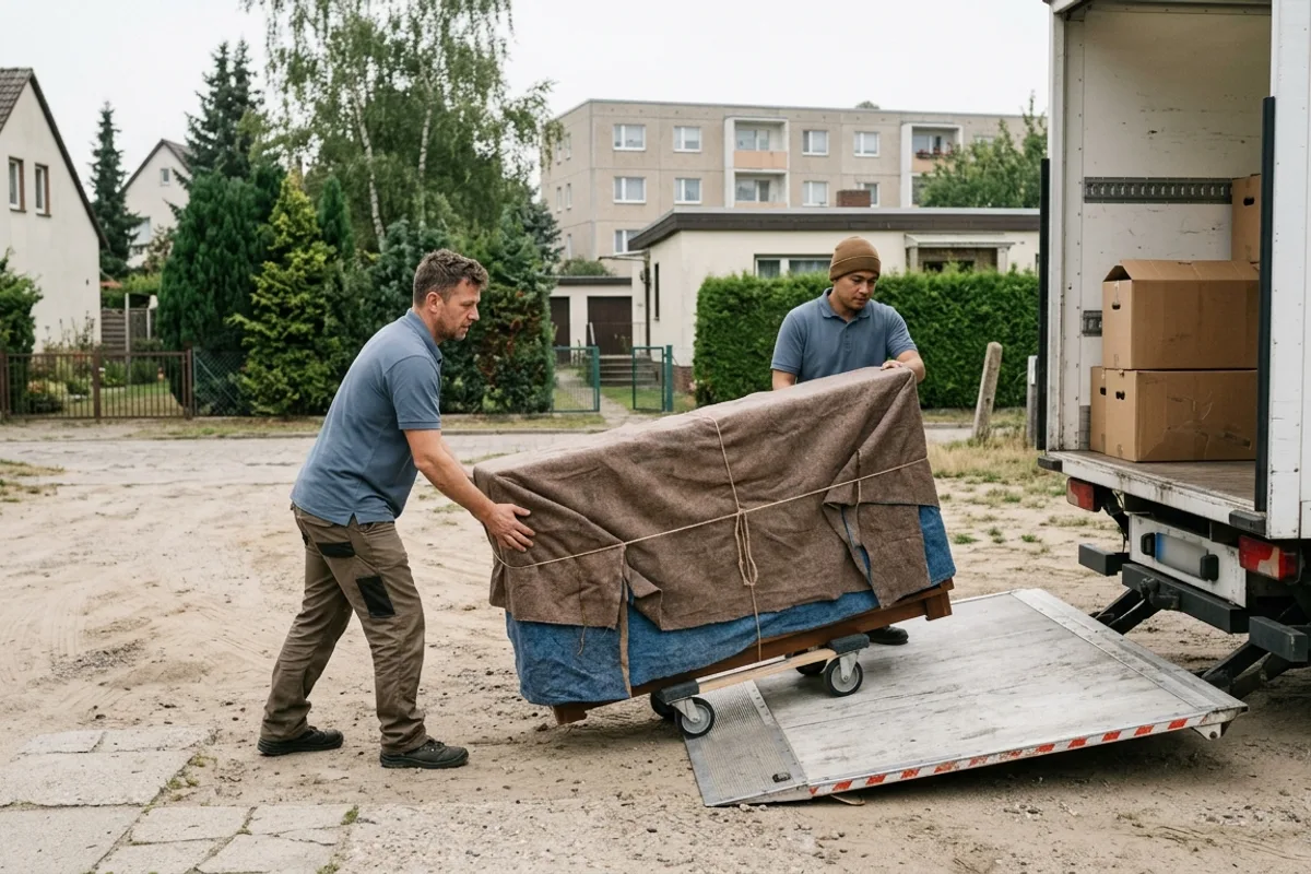 Zwei Männer schieben eine in Decken gepackte Kommode auf dem Rollbrett zur Hebebühne
