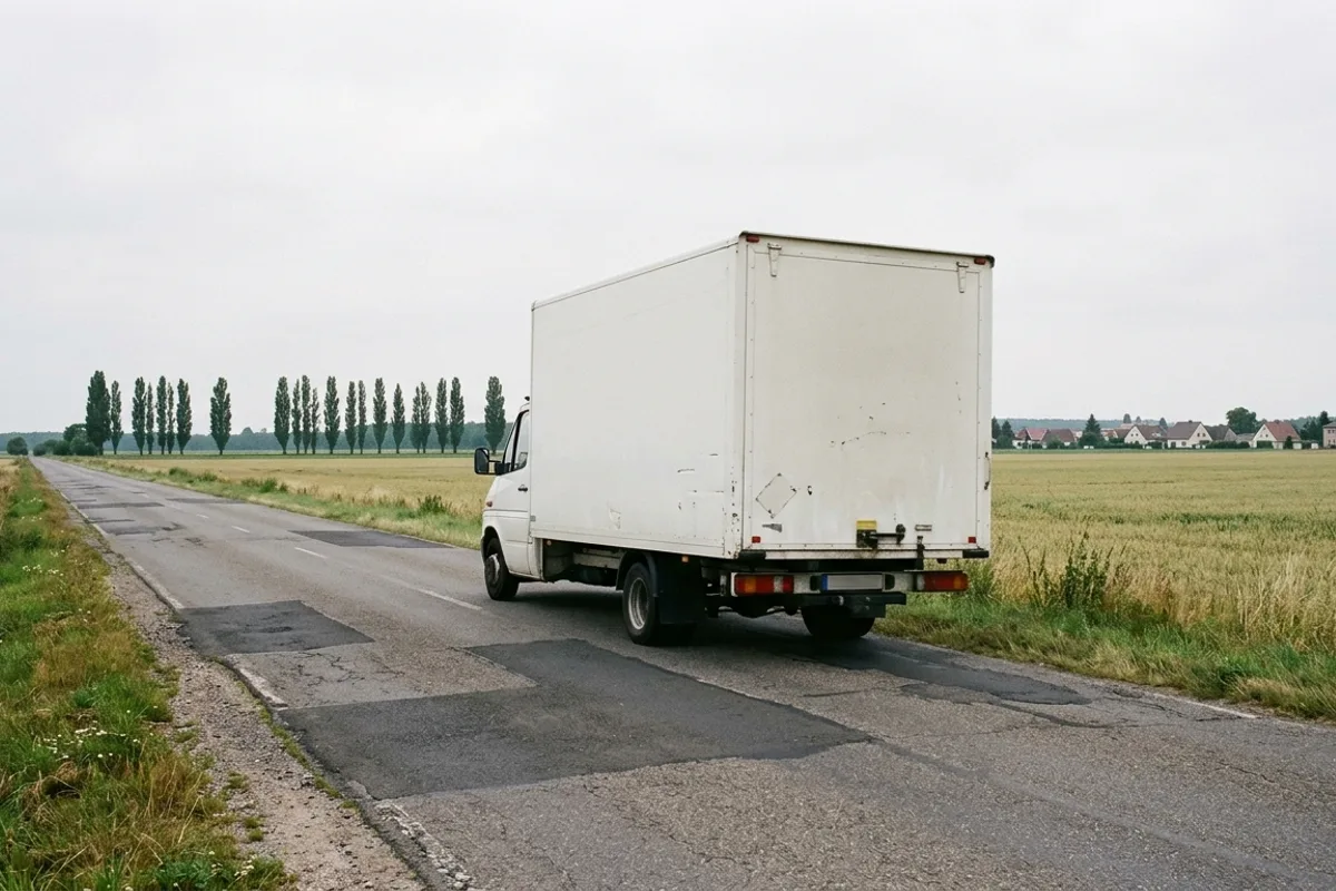 Weißer Kofferwagen auf einer geflickten Landstraße zwischen Feldern und Pappeln