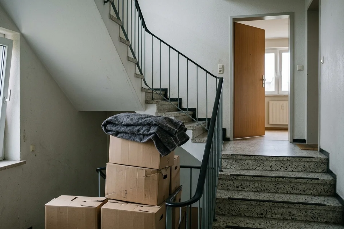 Terrazzotreppe im Mehrfamilienhaus, gestapelte Umzugskartons und offene Wohnungstür