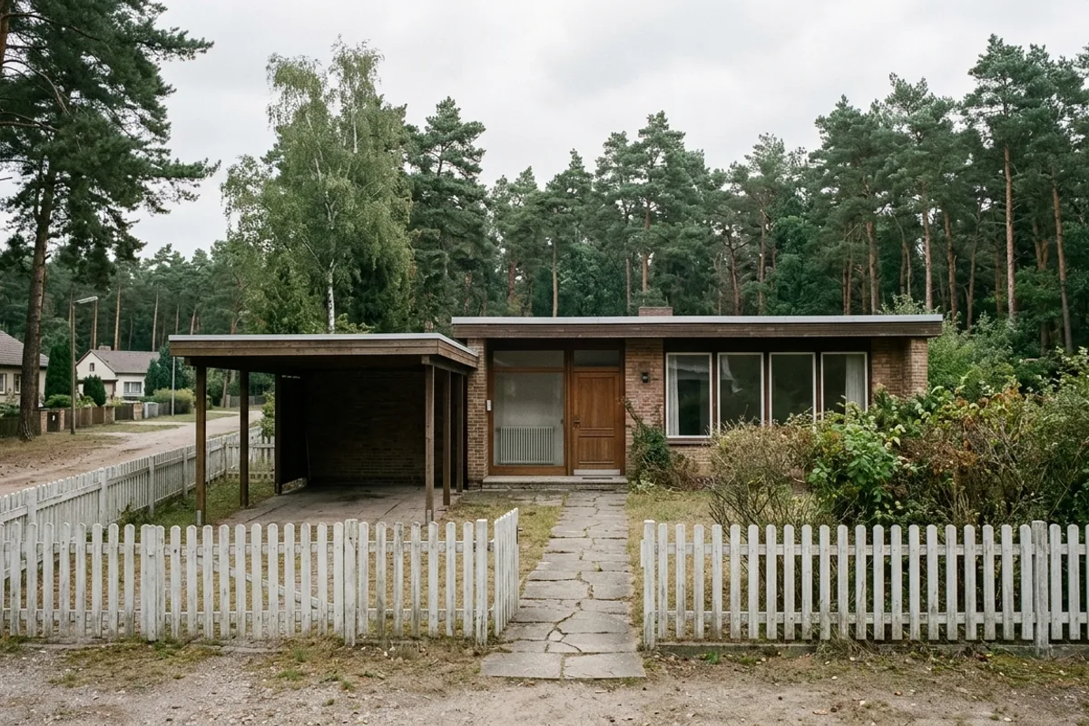 Flachdachbungalow mit Carport hinter weißem Lattenzaun am Rand des Kiefernwalds